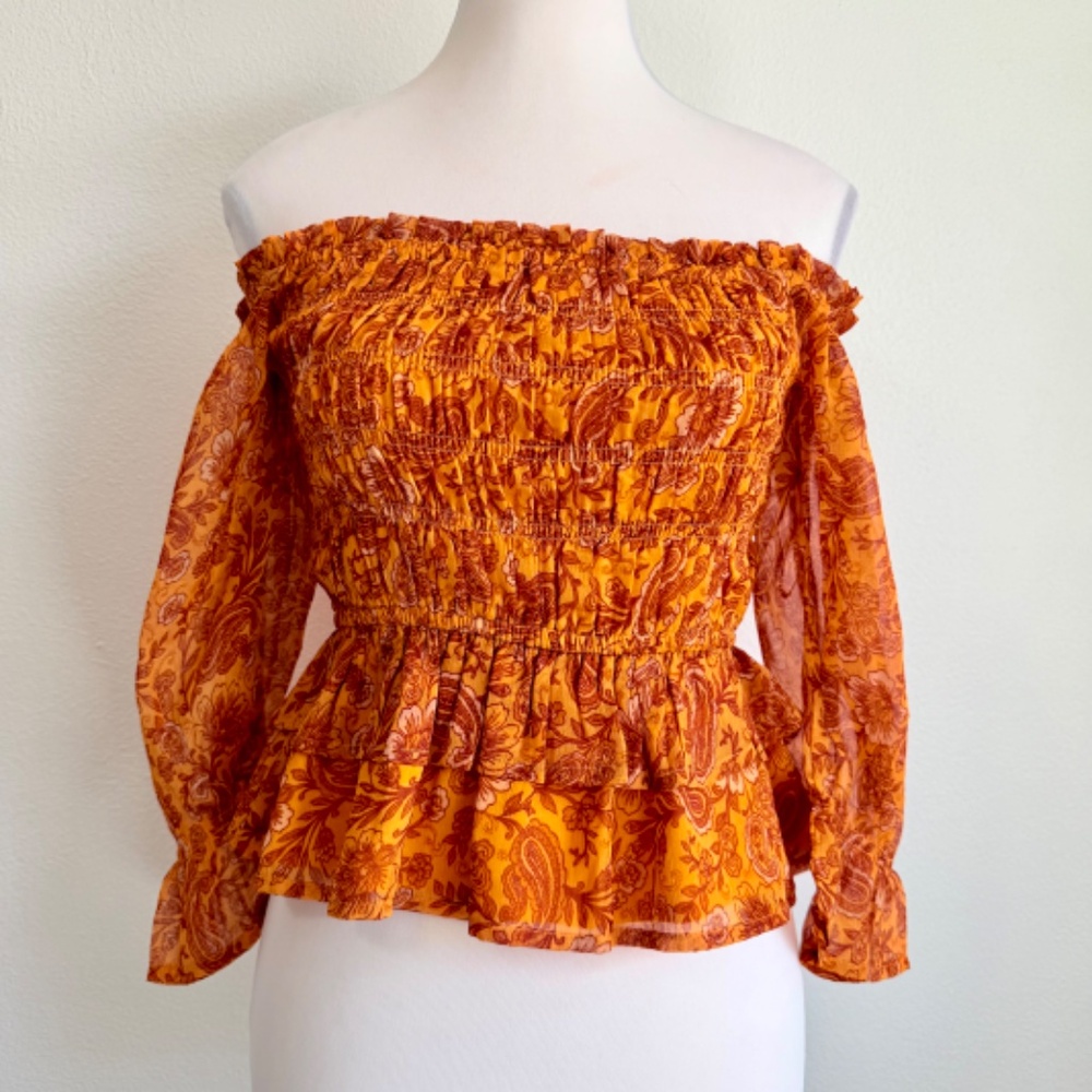 Patrons of Peace Off the Shoulder Boho-Chic Ruffle Sheer Sleeve Smocked Front S